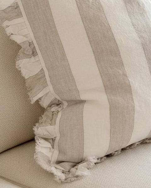 Hallie beige and white wide stripe square cushion cover made of cotton blend, soft furnishings by Ellenvale Trade.