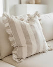 Hallie beige and white wide stripe square cushion cover made of cotton blend, soft furnishings from Ellenvale Trade, 45cm x 45cm.