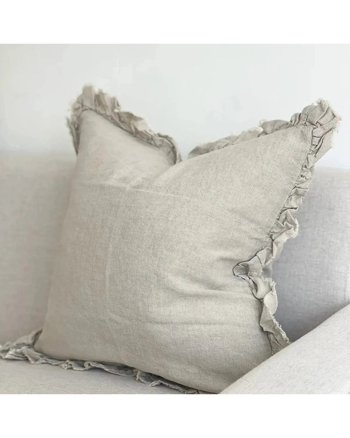 Hallie beige cushion cover by Ellenvale Trade, square linen soft furnishings with ruffled edges, 45cm x 45cm.