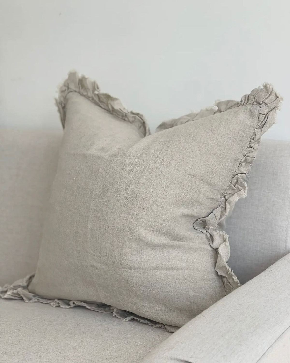 Hallie beige cushion cover by Ellenvale Trade, square linen with ruffled edges, 45cm x 45cm, soft furnishings accessory.