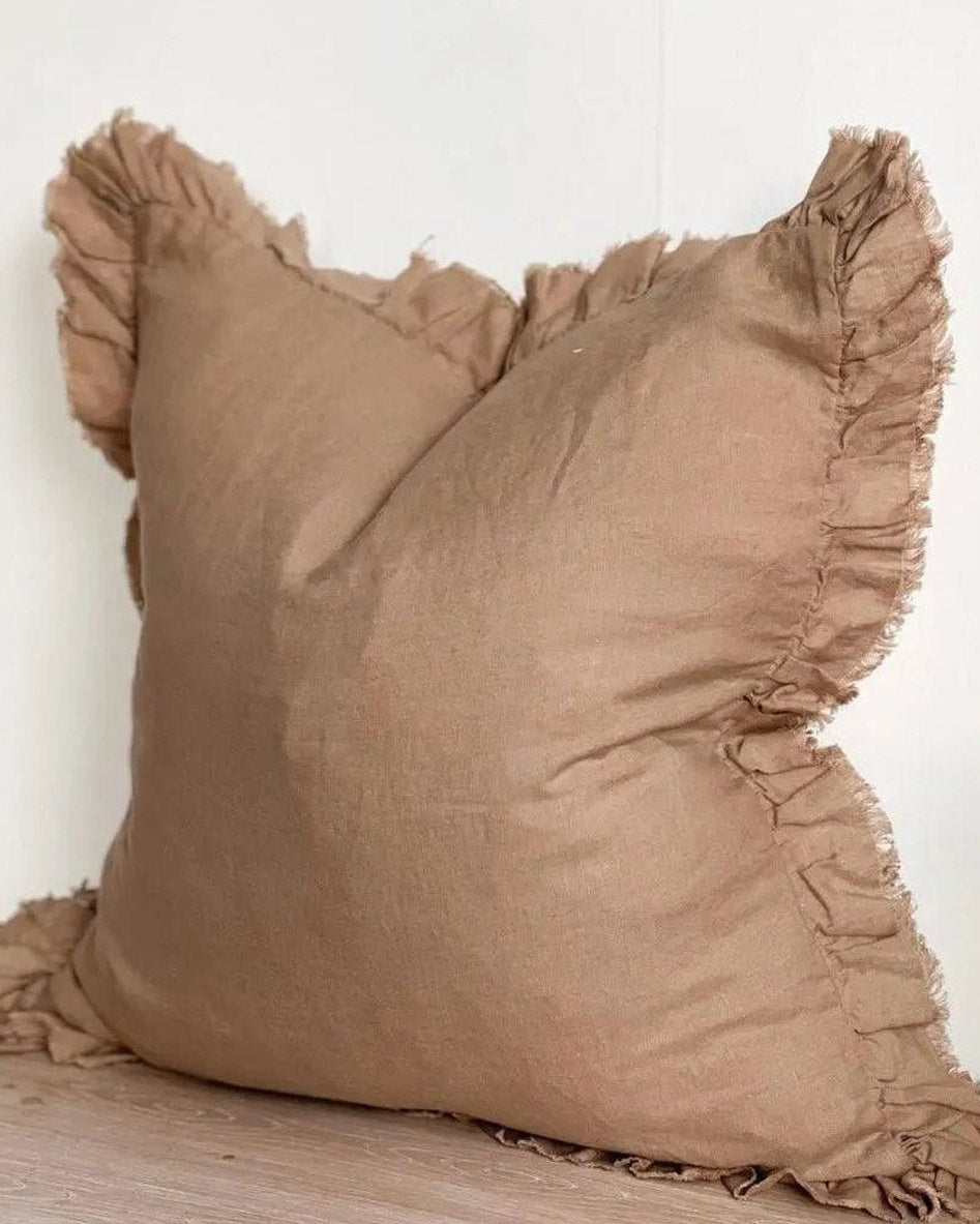 Hallie Rust Brown Square Ruffle Linen Blend Cushion Cover from Ellenvale Trade, soft furnishings for cozy home decor.