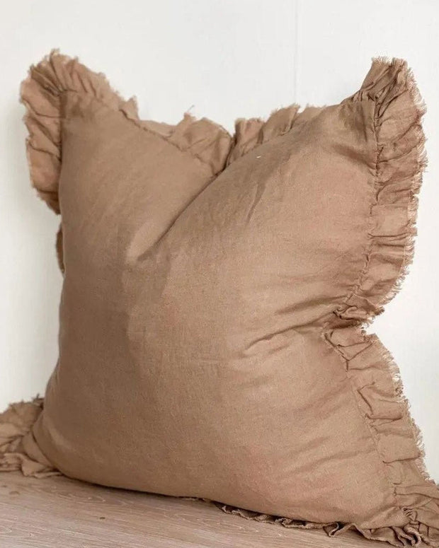 Hallie Rust Brown Square Ruffle Linen Blend Cushion Cover from Ellenvale Trade, soft furnishings for cozy home decor.