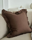 Dark brown ruffle square linen blend cushion cover by Ellenvale Trade, featuring soft furnishings design and decorative ruffle details.