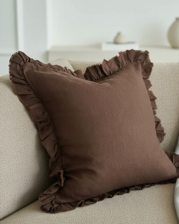 Dark brown ruffle square linen blend cushion cover by Ellenvale Trade, featuring soft furnishings design and decorative ruffle details.