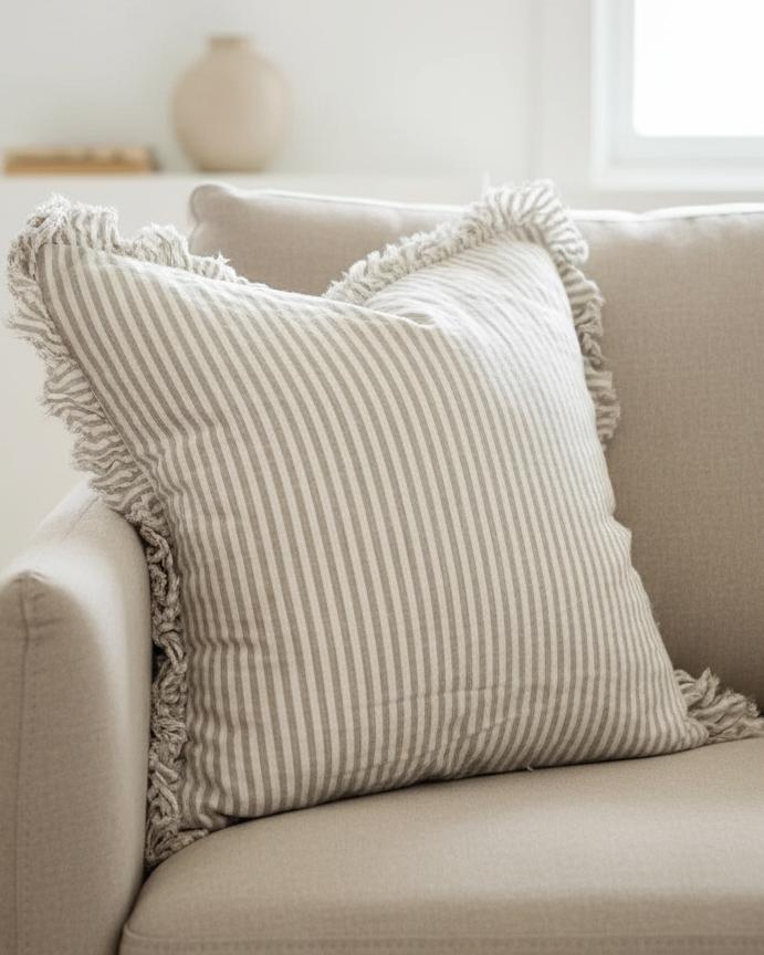 Hallie beige square pinstripe cushion cover by Ellenvale Trade, soft furnishings, 45cm x 45cm, natural beige fabric.