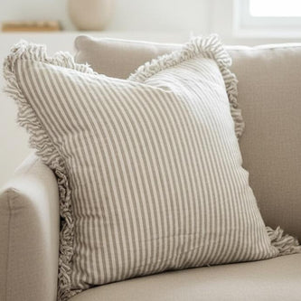 Hallie beige square pinstripe cushion cover by Ellenvale Trade, soft furnishings, 45cm x 45cm, natural beige fabric.
