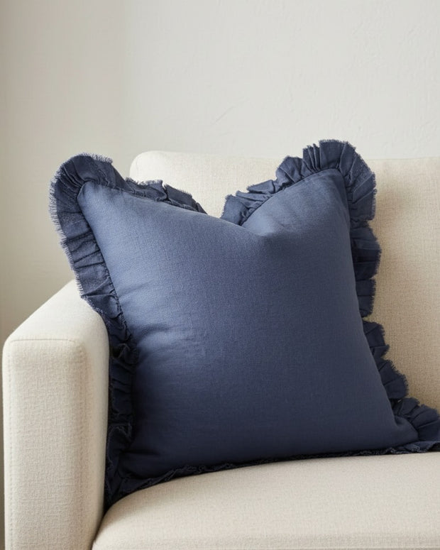 Hallie navy blue luxury linen cushion cover with ruffled edges, soft furnishings by Ellenvale Trade.