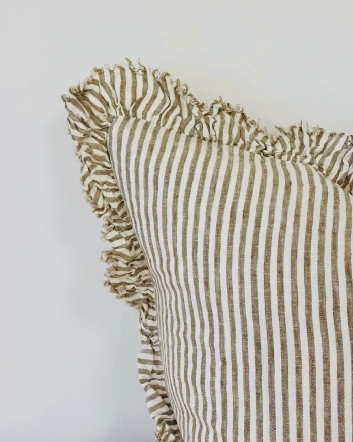 Olive green Hallie cushion cover by Ellenvale Trade with pinstripe pattern and ruffled linen texture, standard 45cm square size.