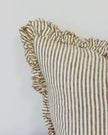 Olive green Hallie cushion cover by Ellenvale Trade with pinstripe pattern and ruffled linen texture, standard 45cm square size.