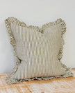 Olive green Hallie cushion cover by Ellenvale Trade, extra large square linen soft furnishings with pinstripe and ruffled details.