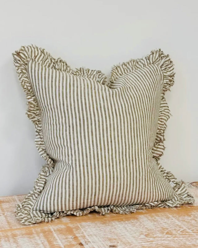 Olive green square linen cushion cover with pinstripe and ruffled edges, from Ellenvale Trade soft furnishings collection.