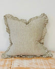 Olive green pinstripe cushion cover by Ellenvale Trade, extra large 45cm square linen soft furnishings with ruffled edges.