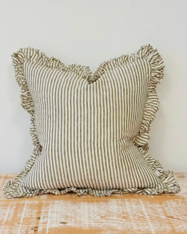 Olive green linen cushion cover with square pinstripe pattern and ruffled edges, stylish soft furnishings by Ellenvale Trade.