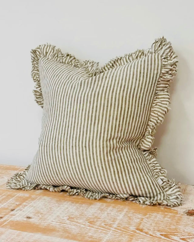 Olive green square linen cushion cover with pinstripe and ruffled edges, from Ellenvale Trade soft furnishings collection.