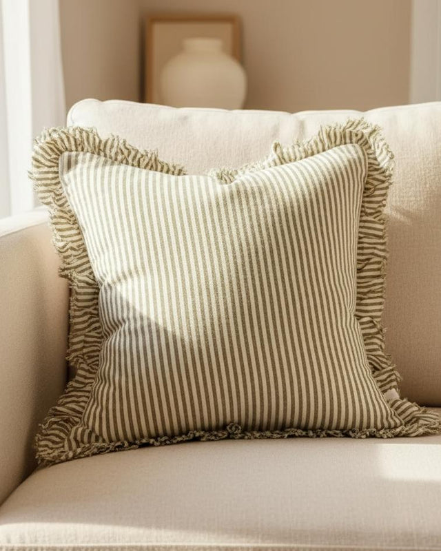 Olive green square linen cushion cover with pinstripe and ruffled edges, from Ellenvale Trade soft furnishings collection.