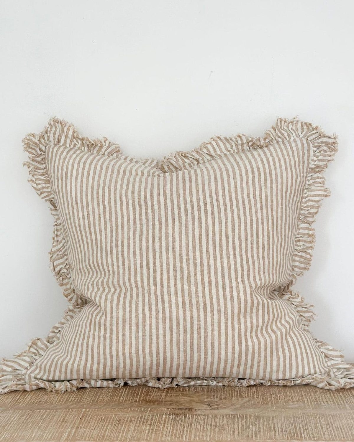 Light coffee brown pinstripe square cushion cover by Ellenvale Trade, made of soft furnishings fabric, 45cm x 45cm size.