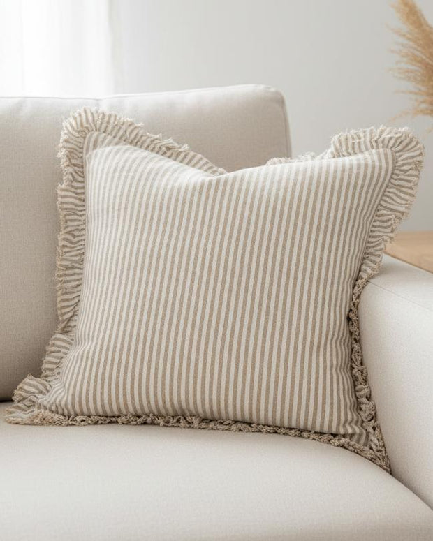 Hallie Coffee Brown Pinstripe Square Cushion Cover by Ellenvale Trade, soft furnishings, 45cm x 45cm with light coffee brown pinstripe design.