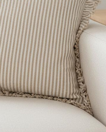 Hallie Coffee Brown Pinstripe Square Cushion Cover by Ellenvale Trade, soft furnishings, 45cm x 45cm, light coffee brown color.