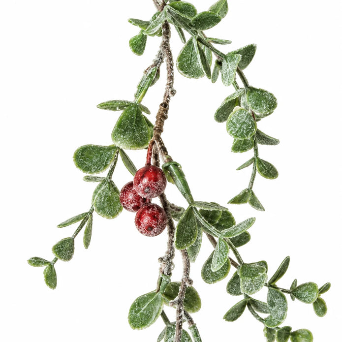 Close-up of original berry cluster and adjoining foliage on Eucalyptus And Red Berry Garland.