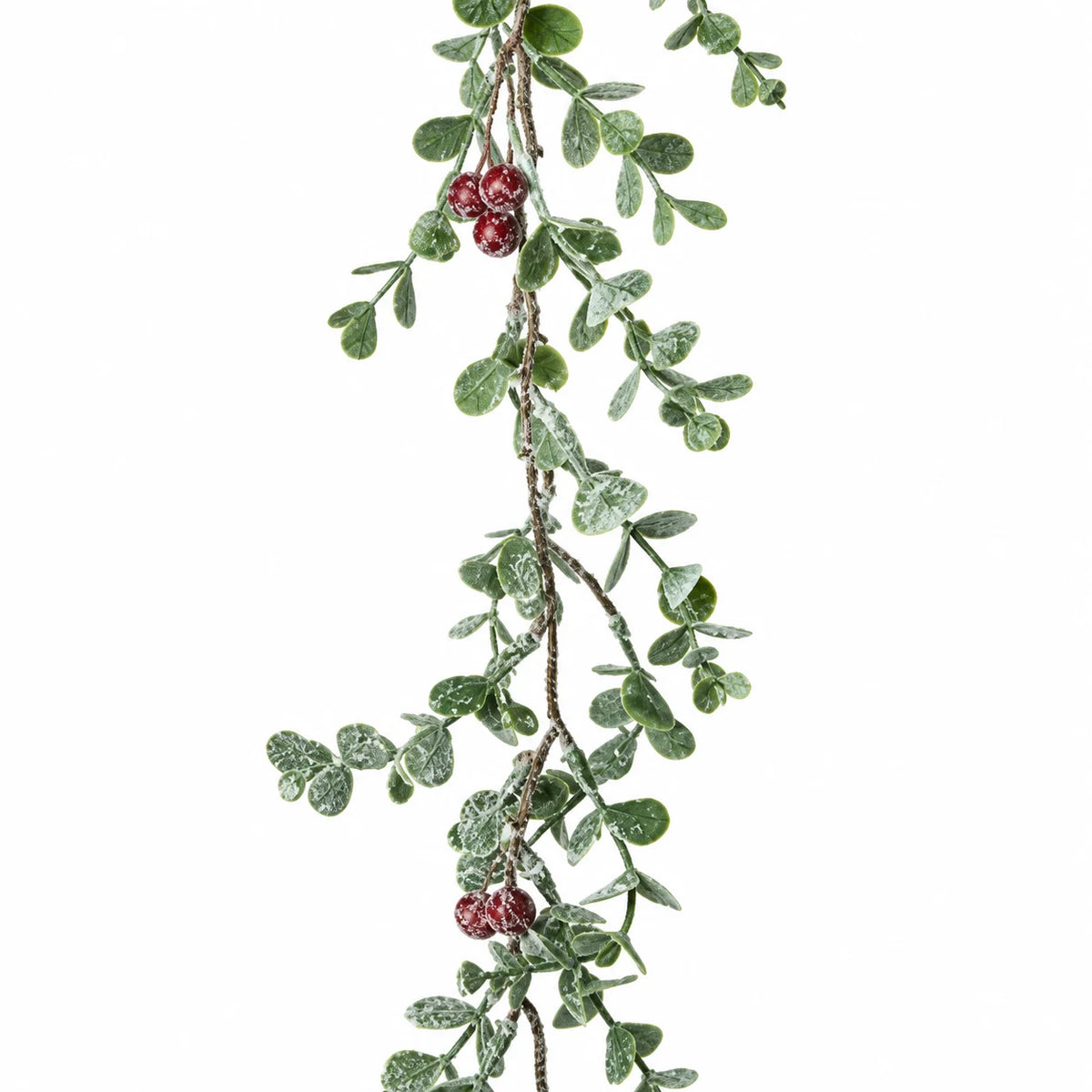 Close-up of original leaf shapes and slender stem on Eucalyptus And Red Berry Garland.