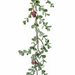 Close-up of original leaf shapes and slender stem on Eucalyptus And Red Berry Garland.