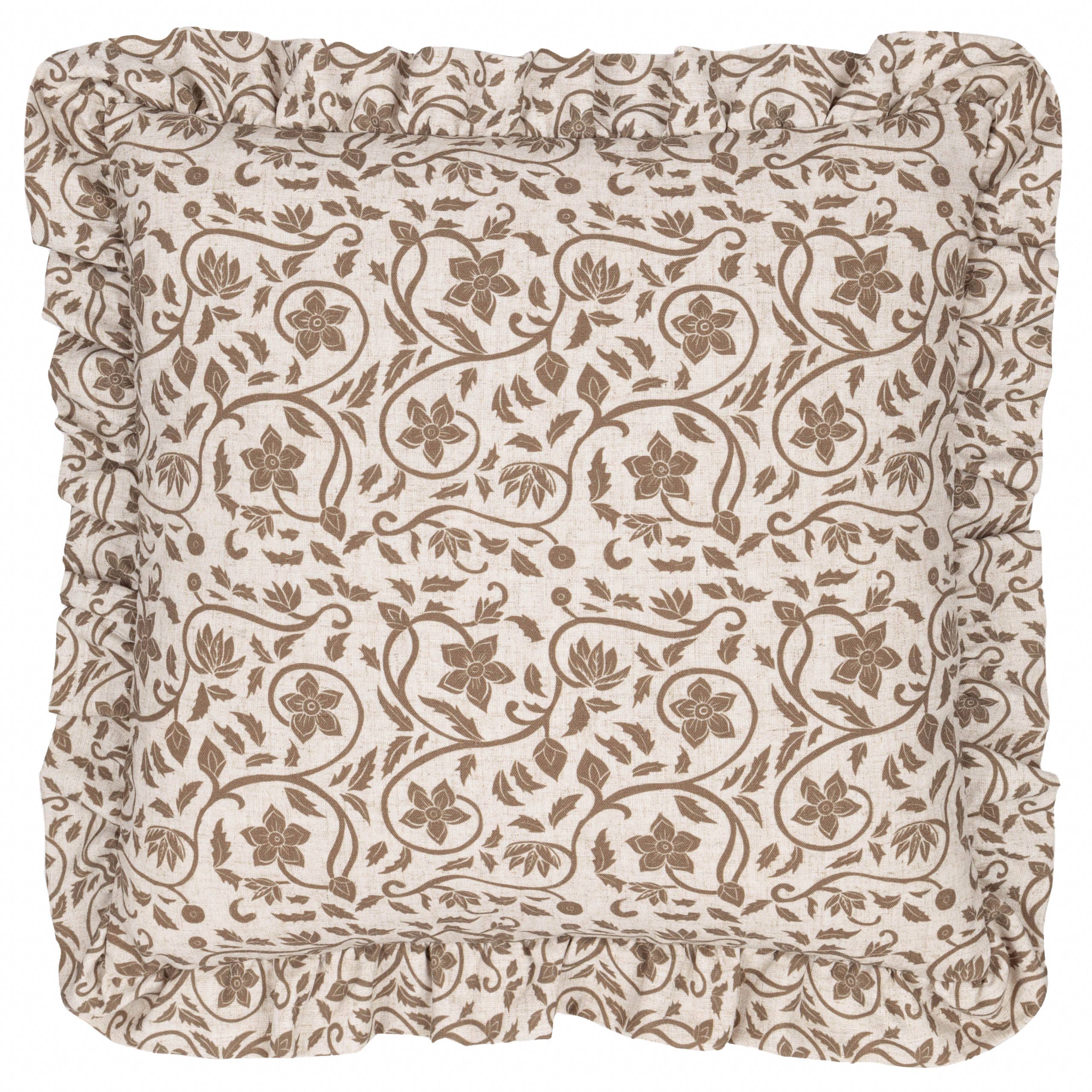 Beige Linen Filigree Printed Ruffle Cushion Cover