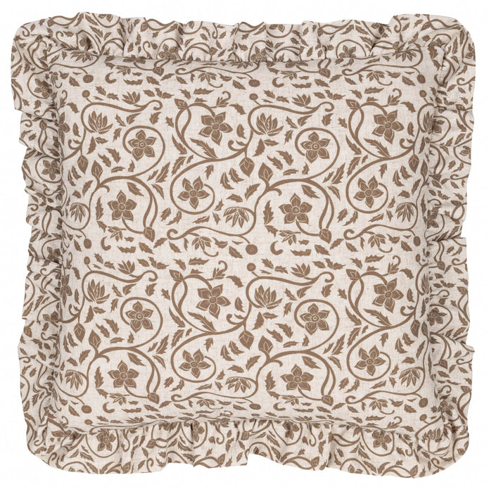 Beige Linen Filigree Printed Ruffle Cushion Cover