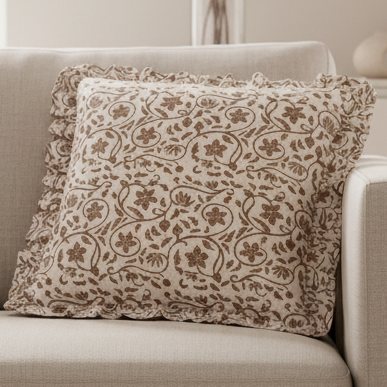 Beige Linen Filigree Printed Ruffle Cushion Cover