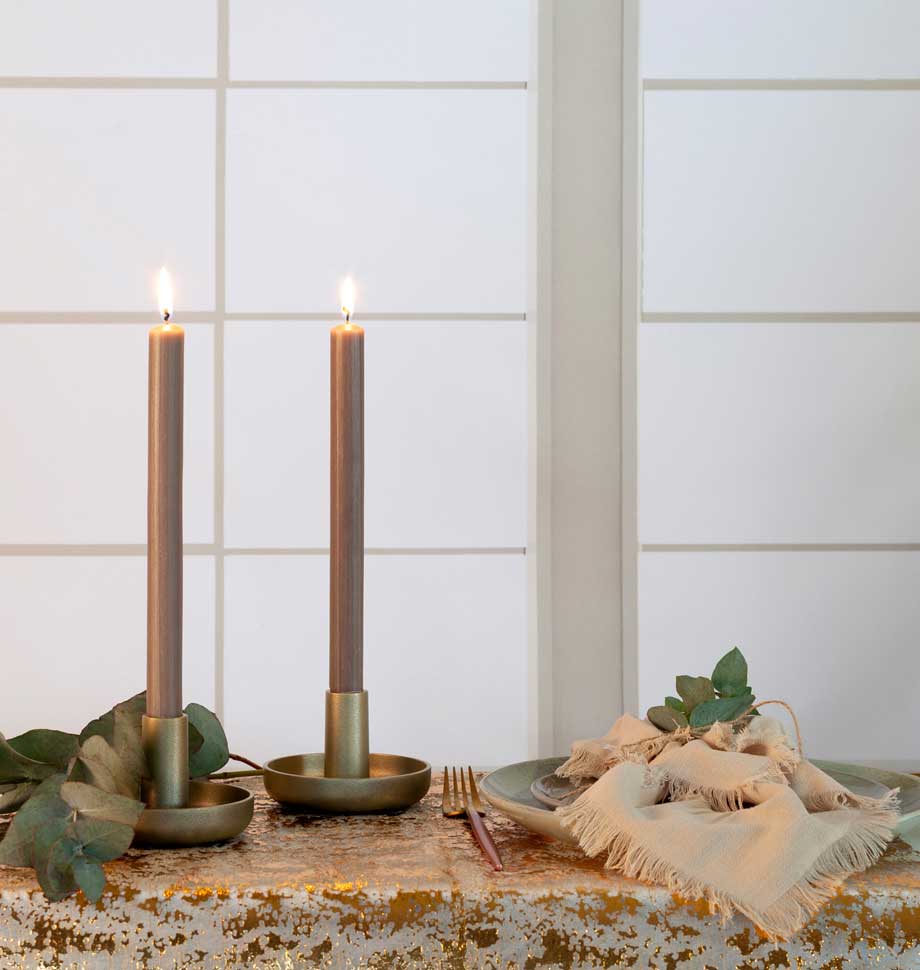 Shearer Candles taupe Christmas dinner candles arranged for holiday table decoration