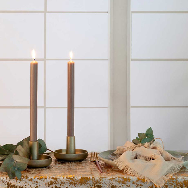 Shearer Candles taupe Christmas dinner candles arranged for holiday table decoration