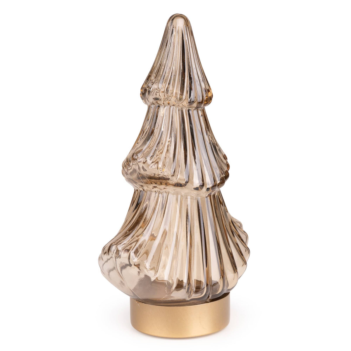 Gold LED Christmas tree lamp lit up with sparkling lights, designed for holiday decor by Candlelight Products Ltd.