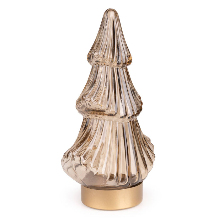 Gold LED Christmas tree lamp lit up with sparkling lights, designed for holiday decor by Candlelight Products Ltd.
