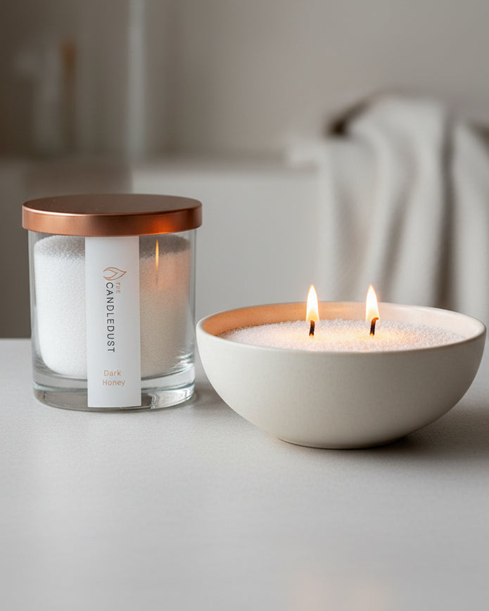 White scented candle sand jar kit by The Candledust, dark honey home fragrance with a wick and decorative sand interior.