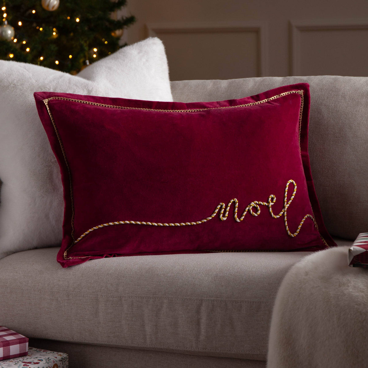 Red and gold Noel applique velvet Christmas cushion by Riva Home