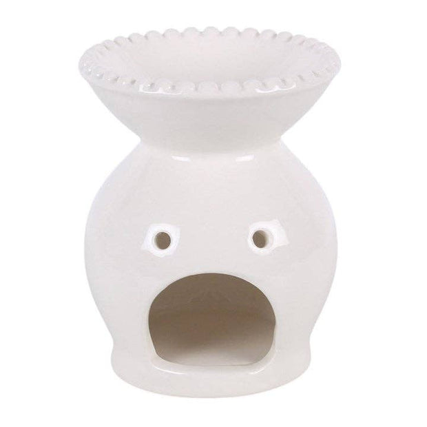 White Ceramic Beaded Rim Oil Burner, front opening of the white beaded-rim burner against white