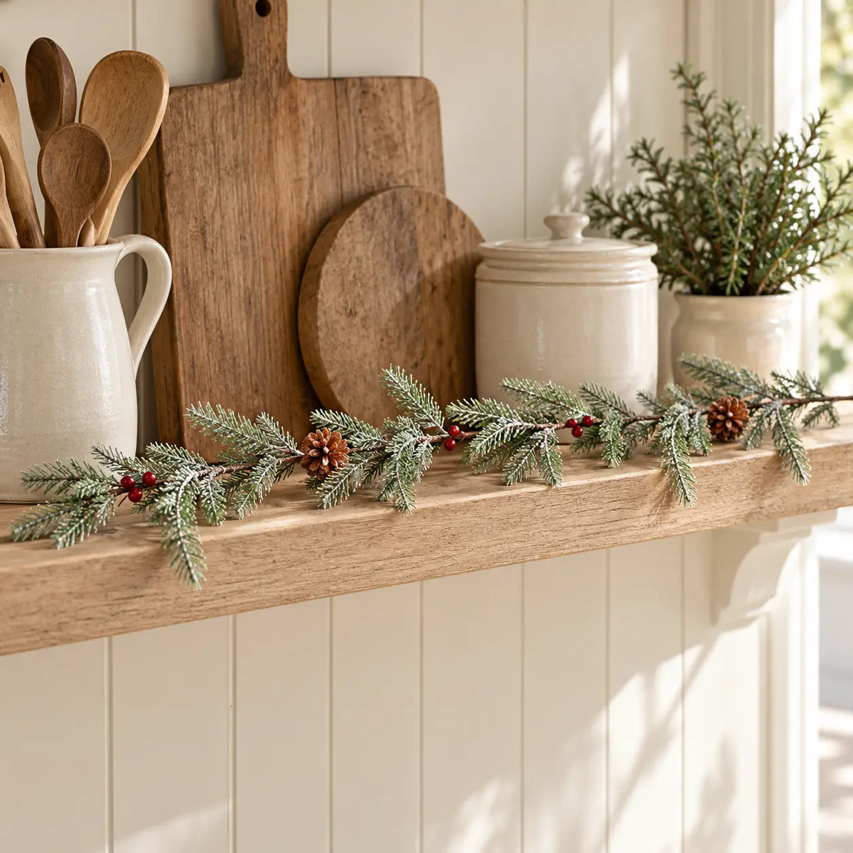Delicate fir, berry and pinecone Christmas garland along an oak kitchen shelf