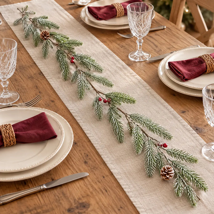 Faux green fir, red berry and pinecone garland on a Christmas dining table with burgundy napkins