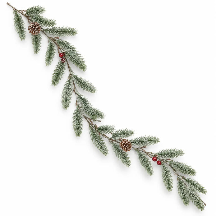Full white studio view of the 106cm faux green fir, red berry and pinecone Christmas garland