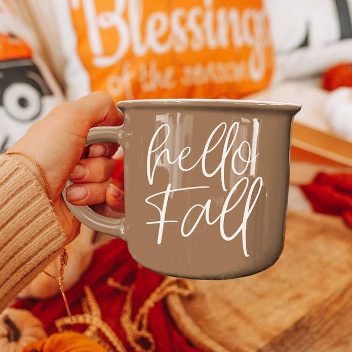 Beige Ceramic Hello Fall Autumn Coffee Mug