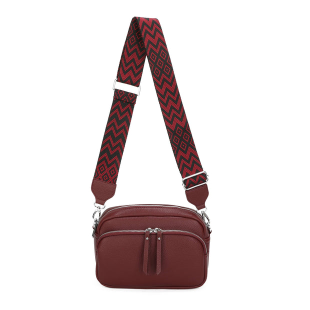 Crossbody Camera Bag, burgundy camera bag with a zigzag-patterned shoulder strap
