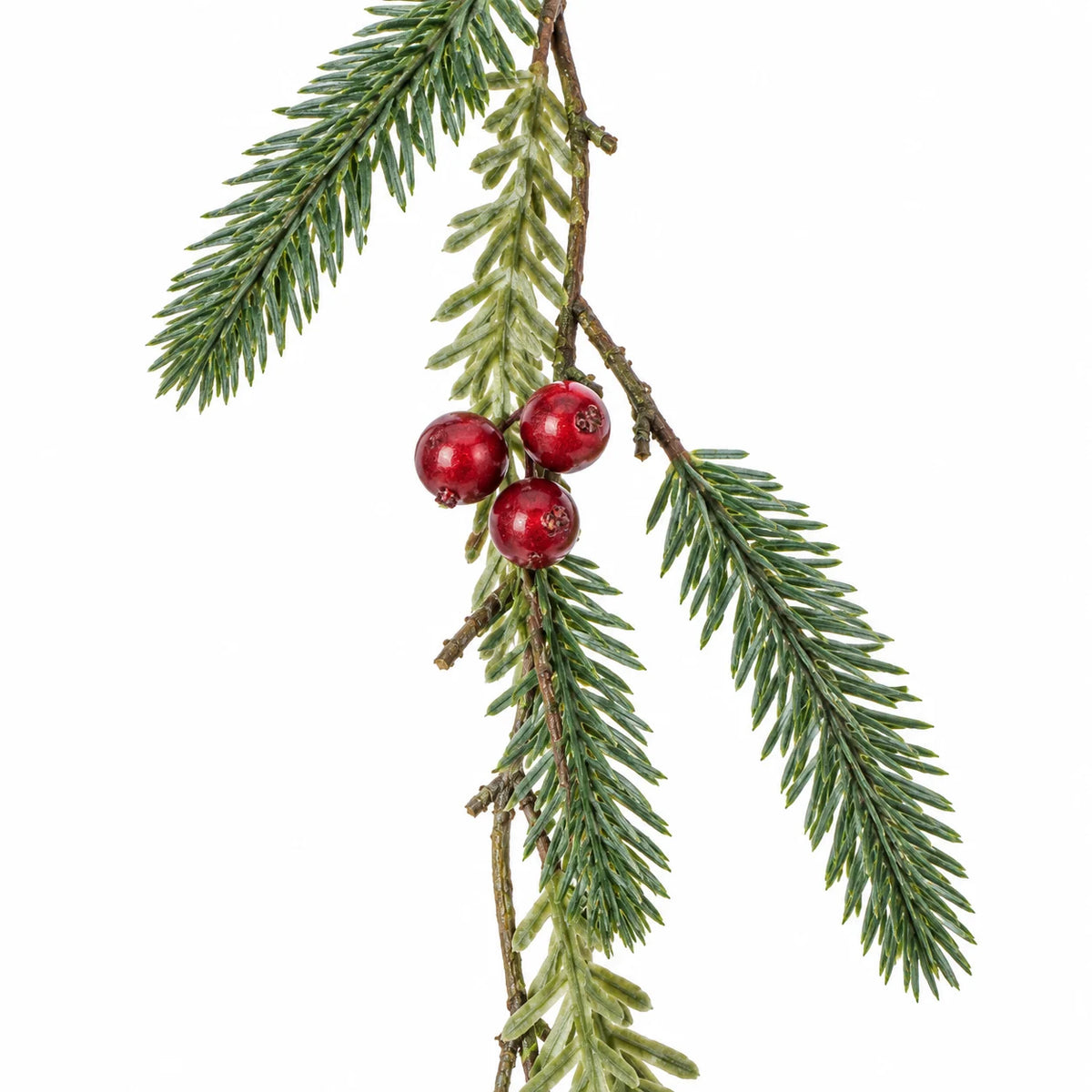Close-up of original berry cluster and adjoining foliage on Green Fir And Red Berry Garland.