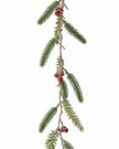 Close-up of original leaf shapes and slender stem on Green Fir And Red Berry Garland.