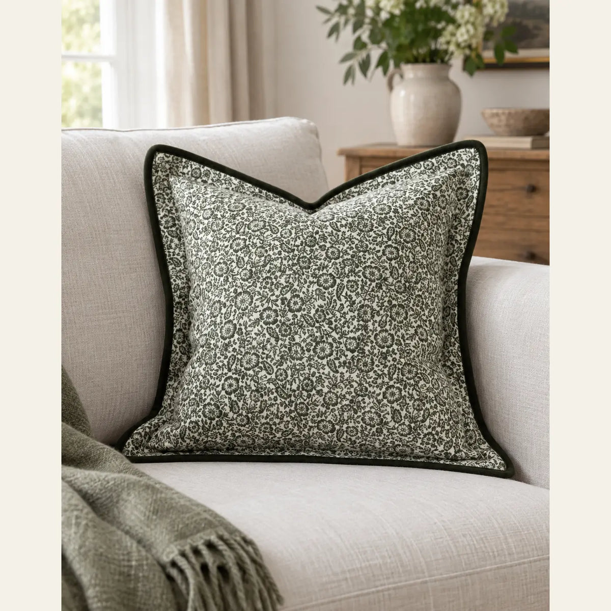 Fleur Olive Green Square Cushion Cover — styled view 1