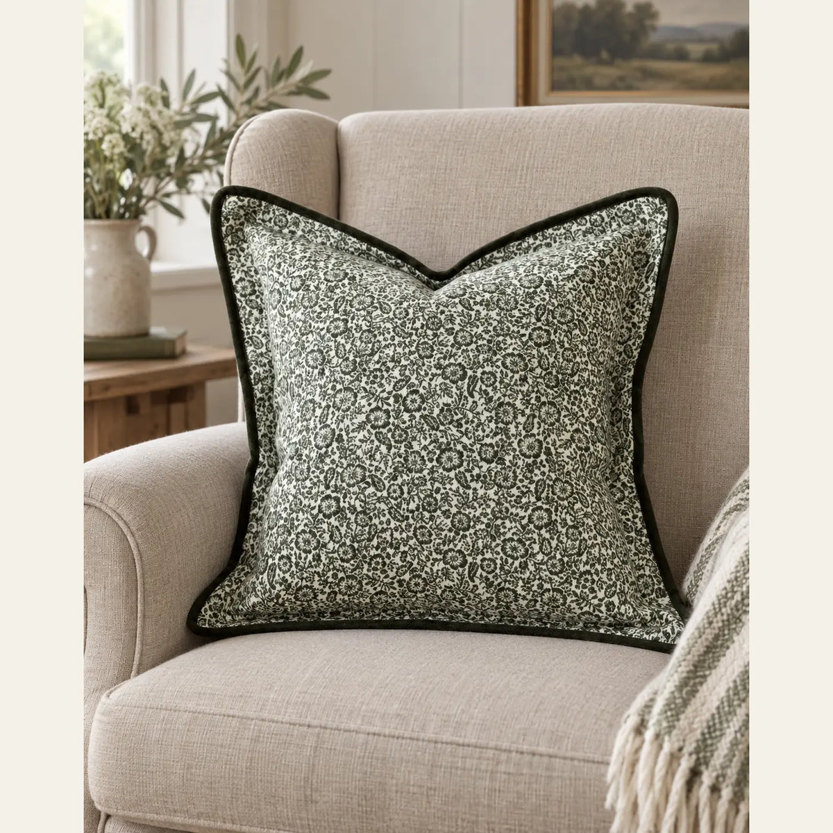 Fleur Olive Green Square Cushion Cover — styled view 2