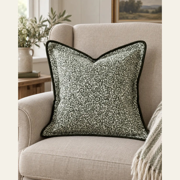 Fleur Olive Green Square Cushion Cover — styled view 2