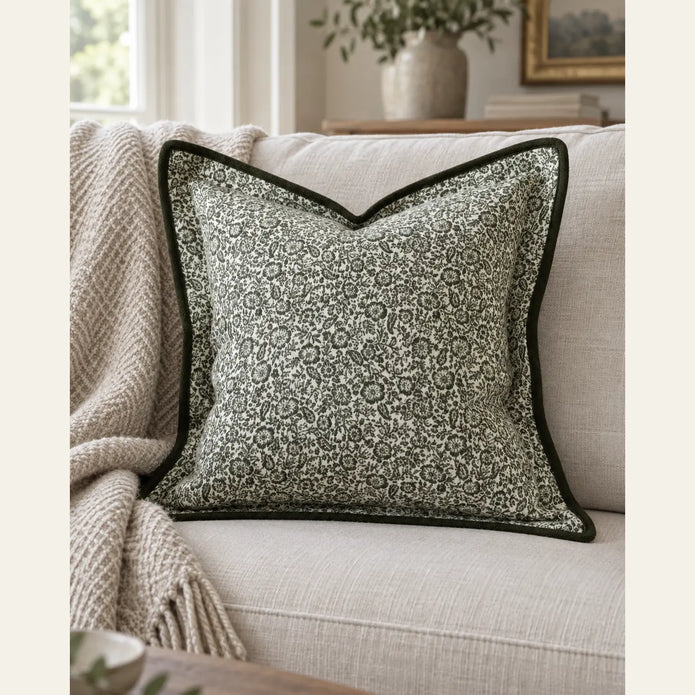 Fleur Olive Green Square Cushion Cover — styled view 3