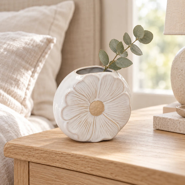 Small white flower petal detailed vase by Satchville, featuring intricate flower patterns, perfect for bedside or decorative display.