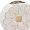 Close-up of sculpted petal grooves, beige flower centre and glazed finish on the small vase
