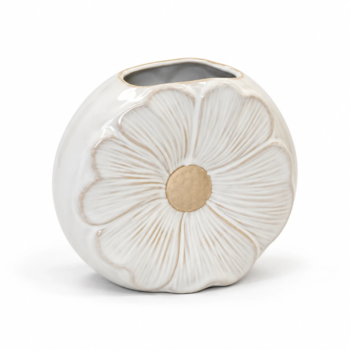 Flower Detailed Small Vase with sculpted white petals and beige centre on white