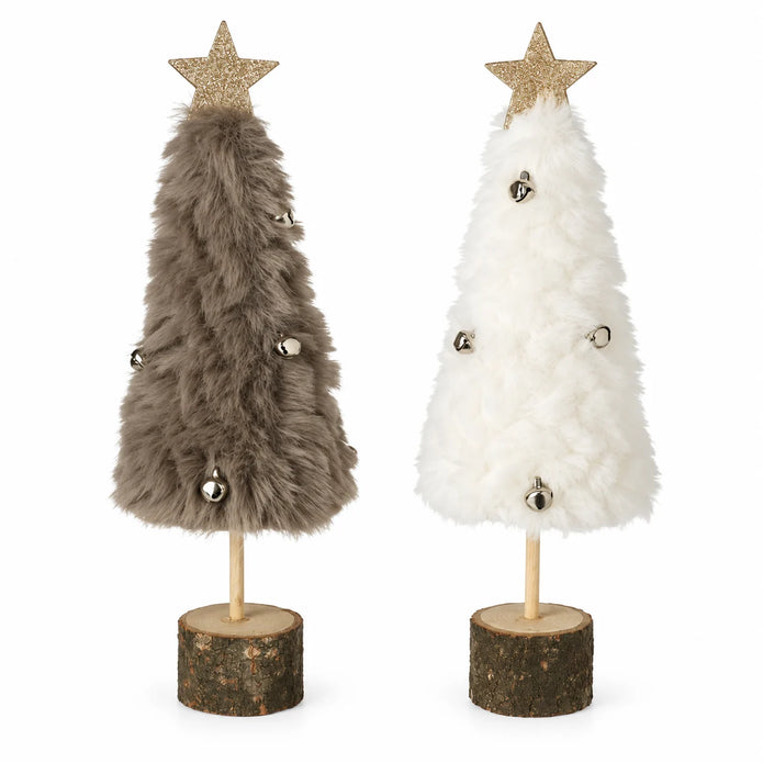 Fluffy Christmas Trees With Bells against a white studio background.